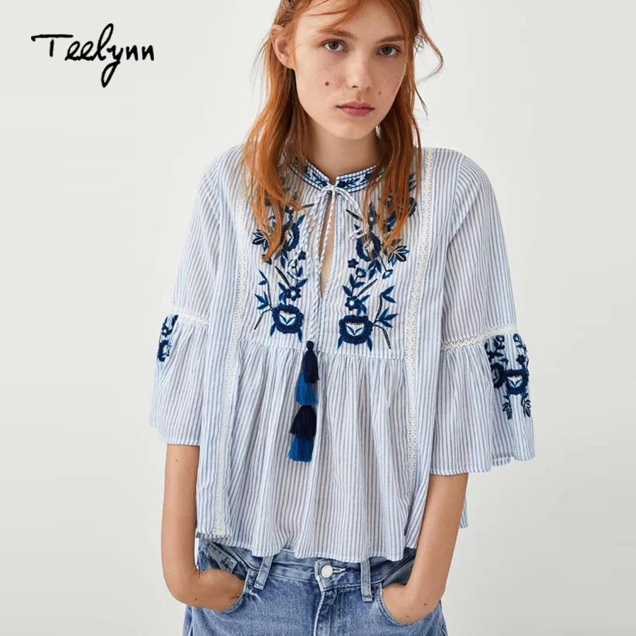 

TEELYNN Bule stripe cotton female blouse floral embroidered tassel o-neck flare sleeve boho blouses hippie loose shirt women top