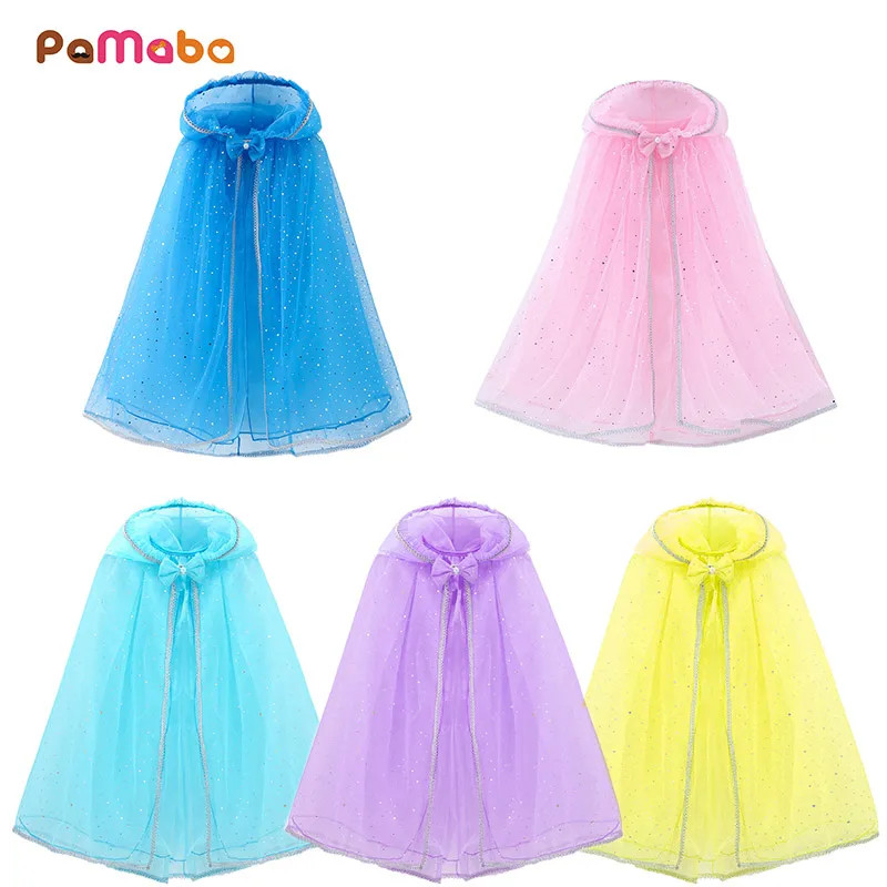 

PaMaBa 6 Colors Kid Tulle Hooded Cloak 2 Layers Organza Sequins Girl Cape Wedding Princess Rapunzel Cinderella Costume Accessory