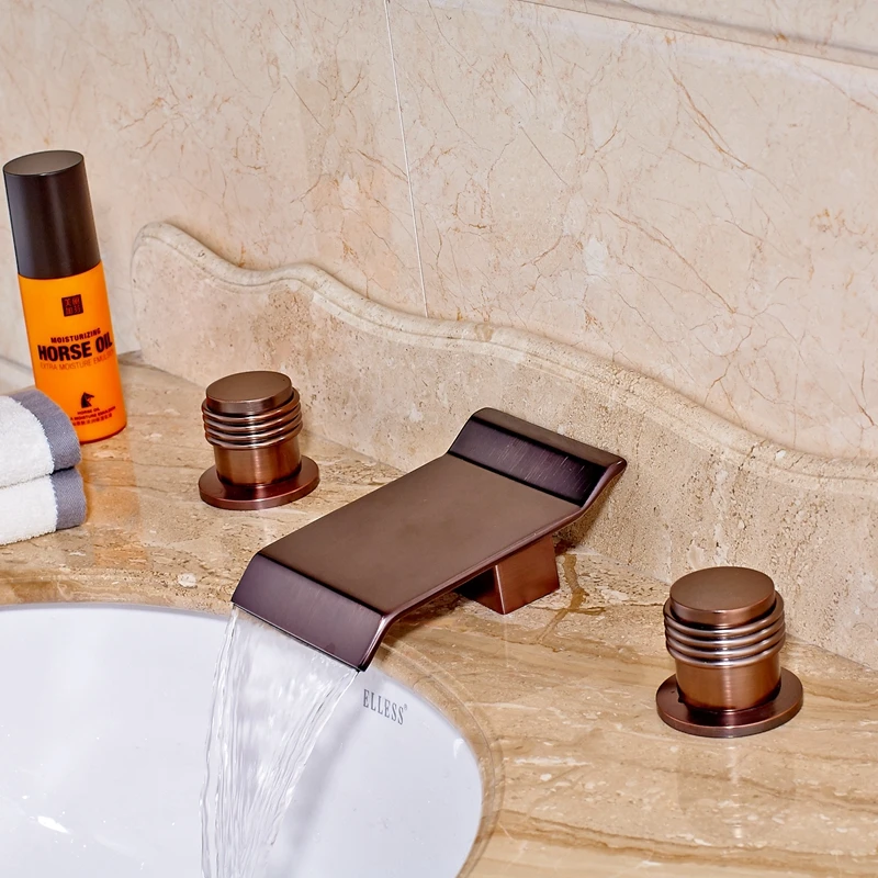 

Deck Mounted Waterfall Spout Square Oil Rubbed Bronze Red Basin Bathroom Mixer Tap Three Holes Dual Handles Faucet Mixer