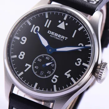 

42mm black dial blue hands sapphire crystal leather strap automatic men watch