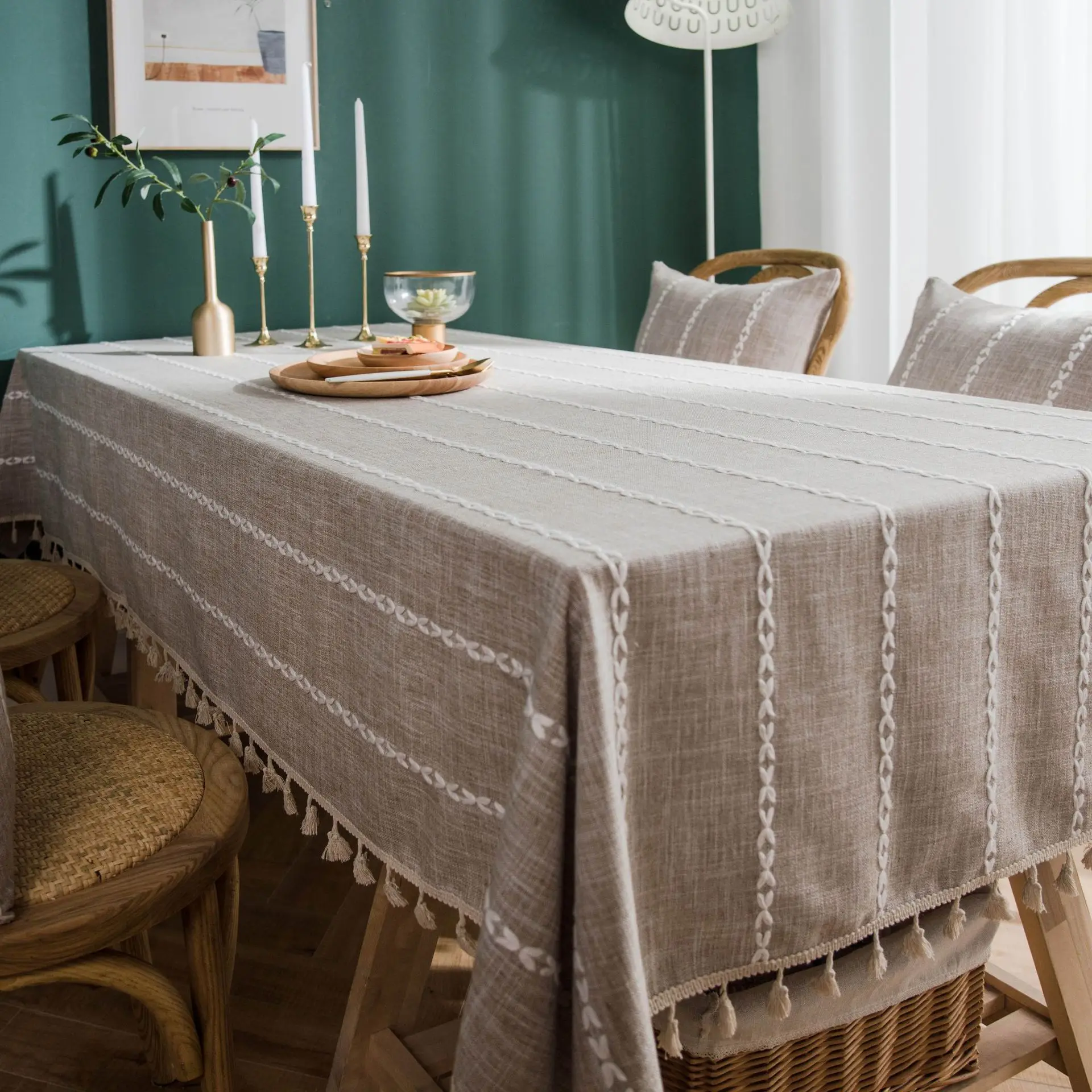 

Pastoral Embroidered Table Cloth Wedding Home Party Decoration tablecloth With Tassel Solid Tablecloths Grey Coffee table cloth