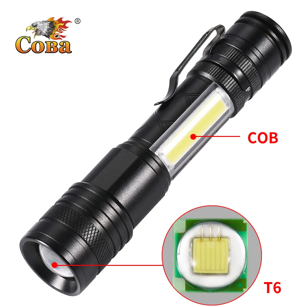 

Coba led tactical flashlight usb rechargeable T6 torch waterproof cob flash lamp with magnetic clip 4 modes zoomable lights