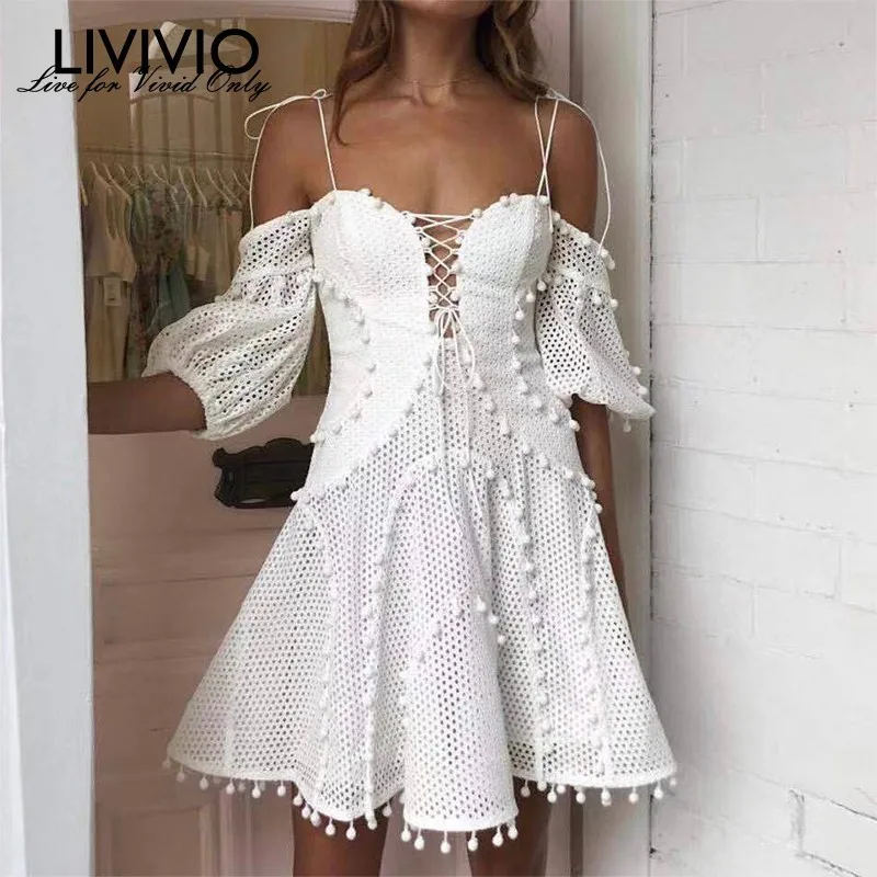 

[LIVIVIO] 2019 Sleeveless Mini Dress Women Strap Puff Sleeve High Waist Bandages Hollow Out Party Dresses Female Fashion Summer