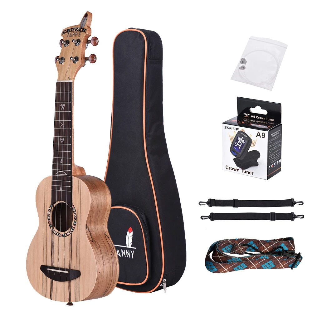 

21" Acoustic Wooden Soprano Ukulele Ukelele Uke Spalted Maple Wood Carbon String with Padded Bag Strings Strap Clip-on Tuner
