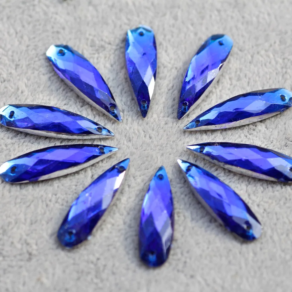 

28*8mm 50pcs Needle Shape Waterdrop Blue Long Sew On Rhinestone With 2 holes for Garment Accessories Sew on Buttons DIY Clothing