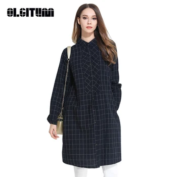 

OLGITUM Hot Sale Women Blouses Long Shirts Single Breasted Plaid Cotton Linen Shirt Casual Shirt Women Plus Size Blouse BS079
