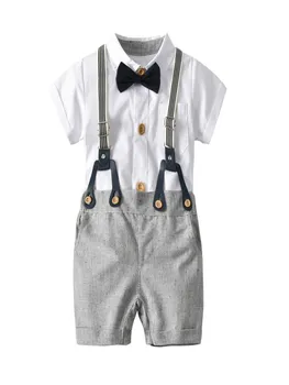 

2020 Baby Boy Summer Clothes Casual Fashion Toddler Boys Gentleman Siut Bowtie Short Sleeve Shirt+Overall Shorts Boy Outfit Sets