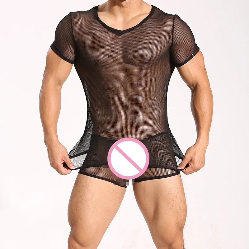 

Top & Boxer Set / Transparent Mesh Shirts Underwear Tight Singlet Gay Thin Shapewear Top Tees & Boxer Night Club Erotic Lingerie