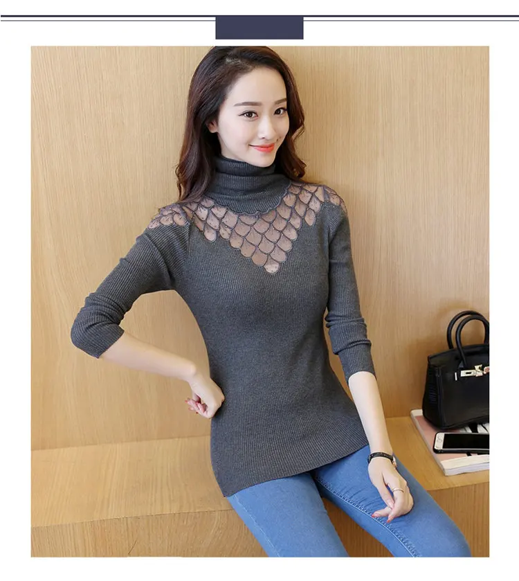 2019 Women Sweater Pullovers Soft Lace Knitted Sweater Ladies Jumper Diamond Pattern Long Sleeve Turtleneck Pullovers Femme Hiver (3)