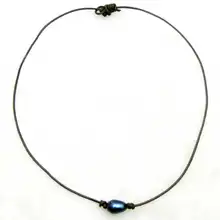 Распродажа 10-11 мм черный рис натуральный пресноводный жемчуг ожерелье 1" с коричневой натуральной кожей-5903 /розничная