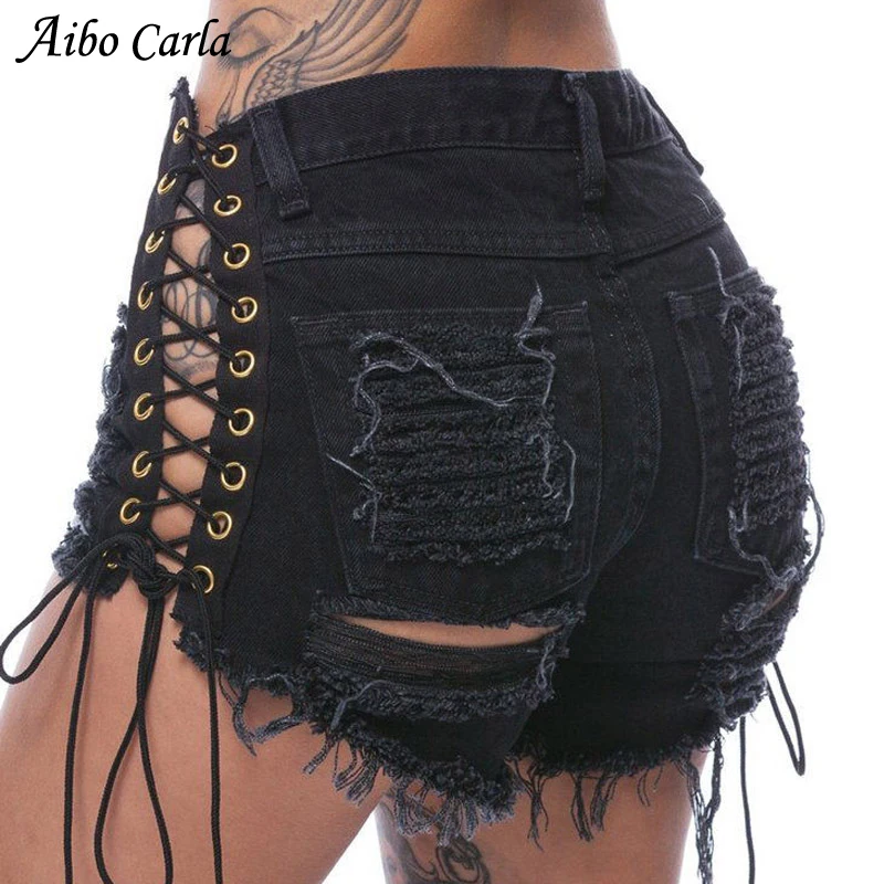 

Woman Summer High Waist Denim Bangdage Shorts Plus Size Sexy Rip Holes Tassel Jeans Shorts Line Buttons Ultra Shorts