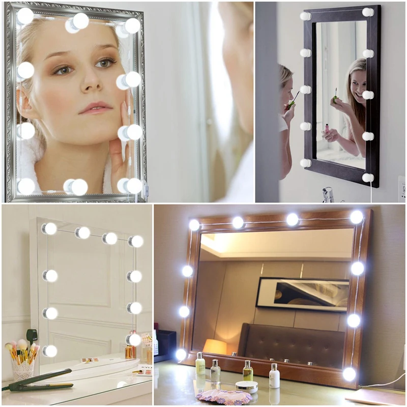 EU US Plug Makeup Mirror Hollywood Vanity LED Bulb Stepless Dimmable Touch Plug In Wall Lamps 10 Bulb DIY White Light Waterproof (23)