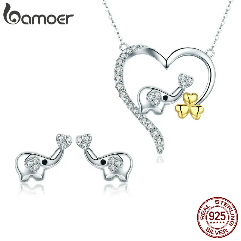

BAMOER High Quality 100% 925 Sterling Silver Elephant Cute Animal Earrings Necklace Jewelry Set Sterling Silver Jewelry ZHS064