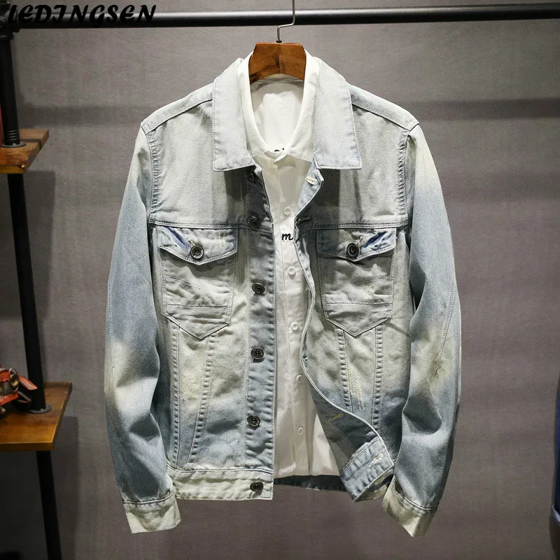 LEDINGSEN синий рваные джинсовые куртки для мужчин Vinage Slim Fit Distressed джинсы пальто хип