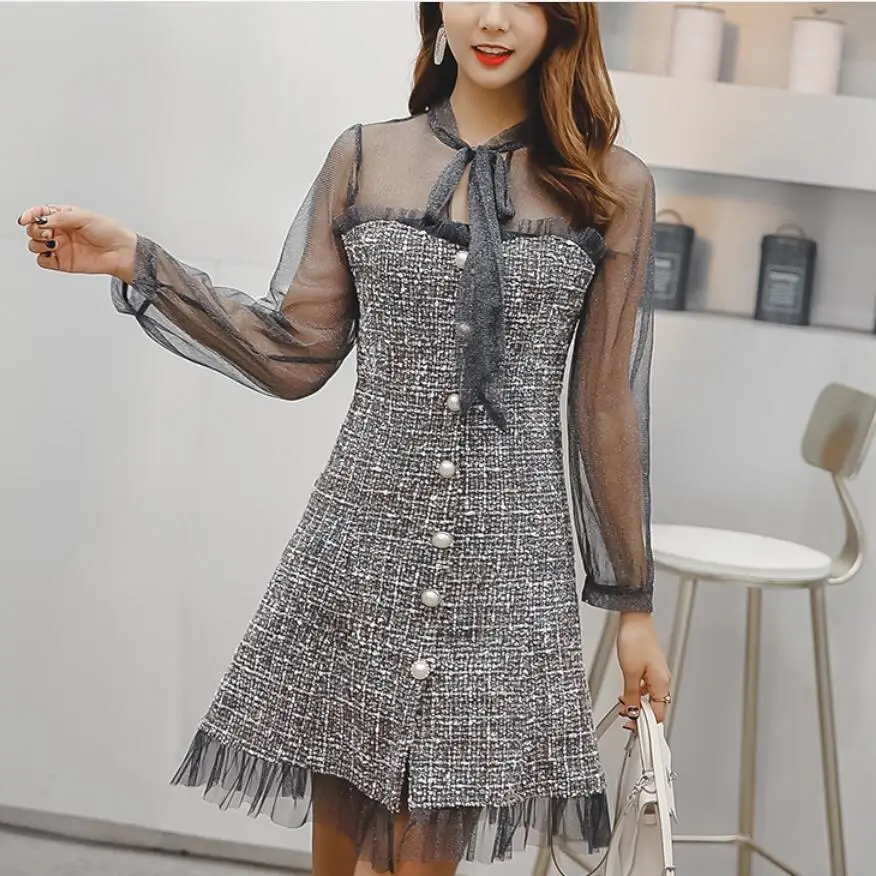 

Pengpious sweet girls outfit 2019 temperament formal dress long sleeve bow collar mesh patchwork woolen mini office lady dresses