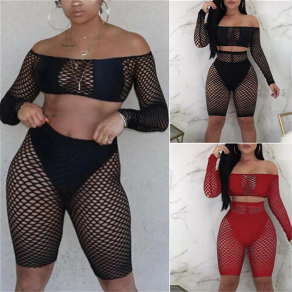 

2019 Women Sexy Crochet Mesh Black perspective Swimwear Summer Beach Tops Sheer Bikini Cover Up Set Party Club Wear