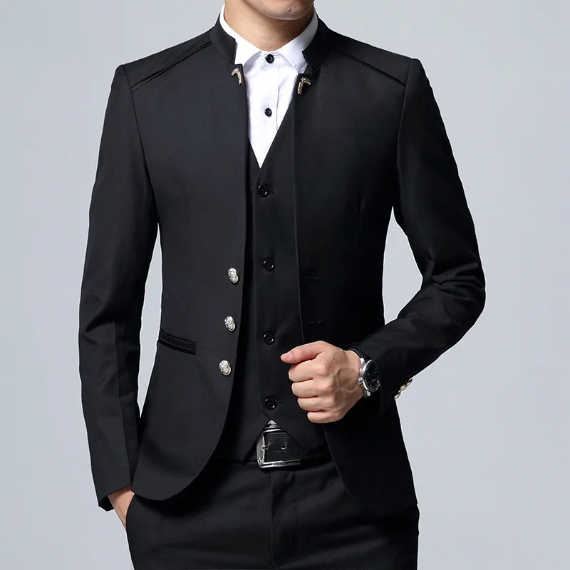 Для мужчин костюм 3 предмета Комплект Slim fit мужской костюм куртки+ брюки+ жилеты свадебный банкет мужской однотонный деловой Повседневное куртки-блейзеры