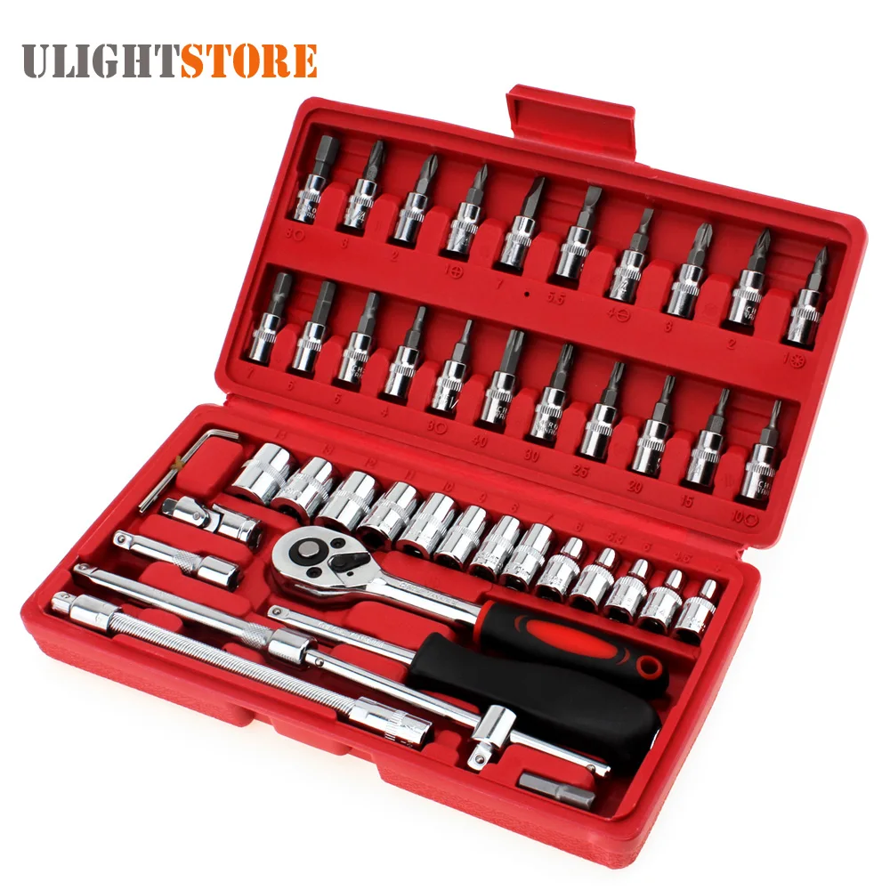 46pcs Car Repair Tool Case 1/4 Inch Socket Set Ratchet Torque Wrench