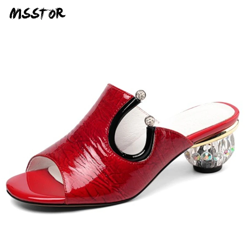 

MSSTOR Open Toe Luxury Slippers Outdoor Genuine Leather Sexy Fashion Summer Slippers Women Strange Style Ladies Slippers 2019