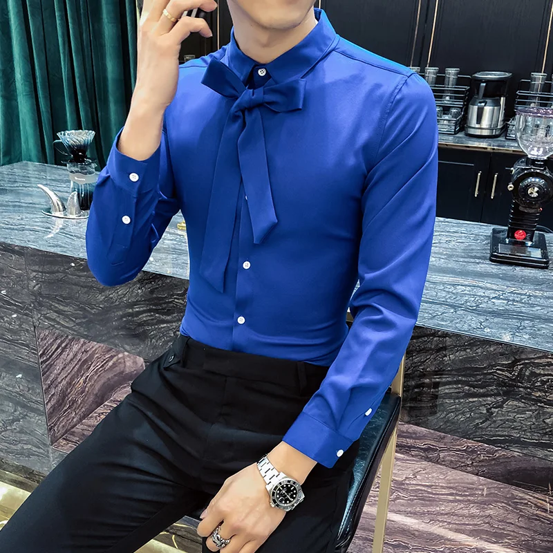 Элегантные Мужские рубашки Королевского синего цвета Slim Fit Мужские рубашки шелковый галстук белые рубашки мужские офисные платья Heren Overhemd Dinner Ekose Gomlek