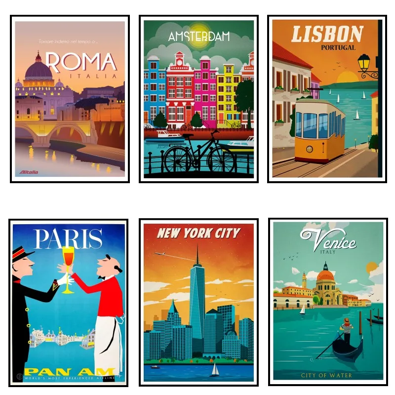 

PARIS/ROME/LOND0N/Art Travel Poster vintage white Paper Travel Poster Decorative Wall Sticker Home Bar Posters Decoration 2005