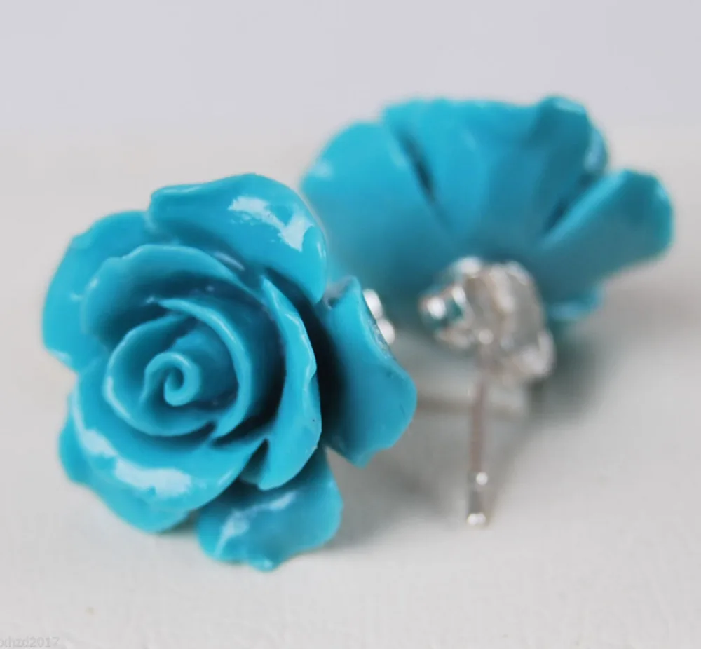 

hot sell new - Free shipping 1pairs Blue 15mm Coral Hand Carved Flower Earrings Silver Stud AAA