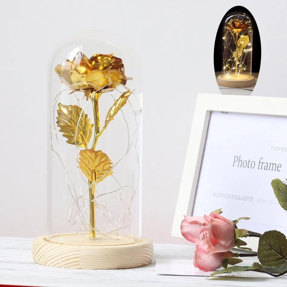 

Beauty And The Beast Platinum LED Artificial Flowers Golden Rose In Glass Dome Black Base For Mother's Day Gift