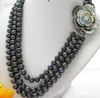 

stunning9-10mm round tahitian black green pearl necklace 18"19"20"