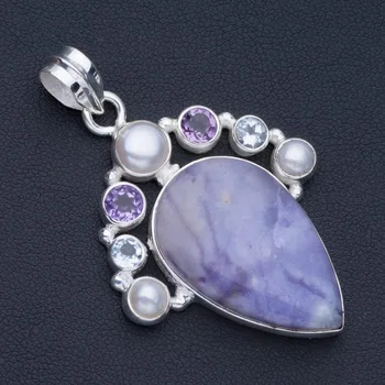 

Natural Charoite,Amethyst,Blue Topaz and River Pearl Punk Style 925 Sterling Silver Pendant 2" P0726