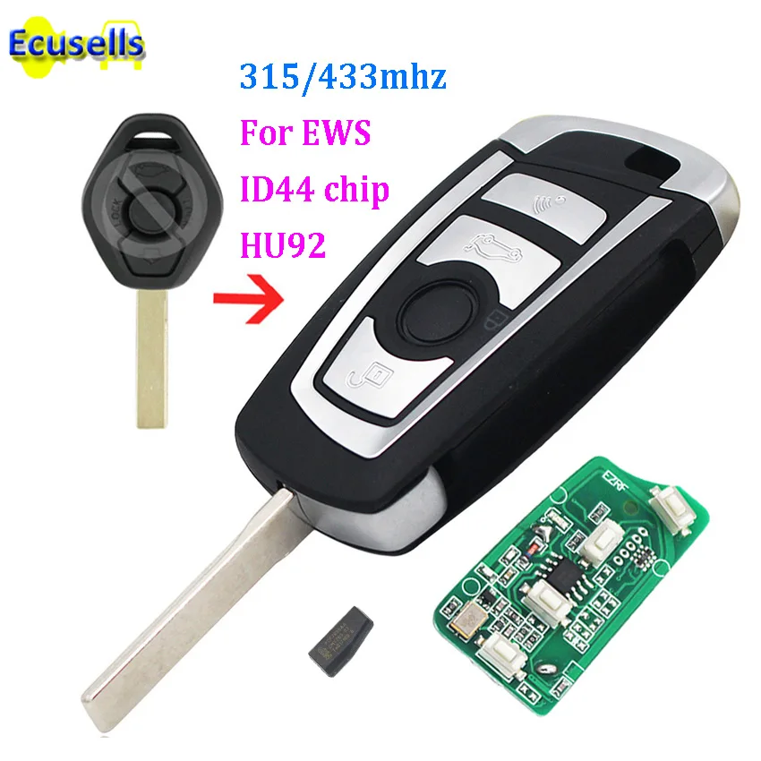 

5pcs/lot Modified flip 3 Button 315MHZ 433MHZ remote key fob for BMW EWS 325 330 318 525 530 540 E39 E46 M5 X3 X5 HU92 ID44 CHIP