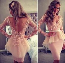 Oumeiya omy363 2016 Vestidos Formatura V-ausschnitt Knielangen Homecoming Kleider Langarm Blumen Abendkleid