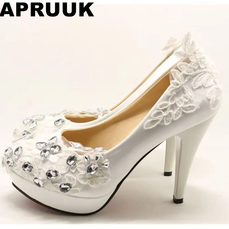 11cm high heels fashion lace rhinestones light ivory wedding shoes womens handmade silver crystal rhinestones party pumps shoe