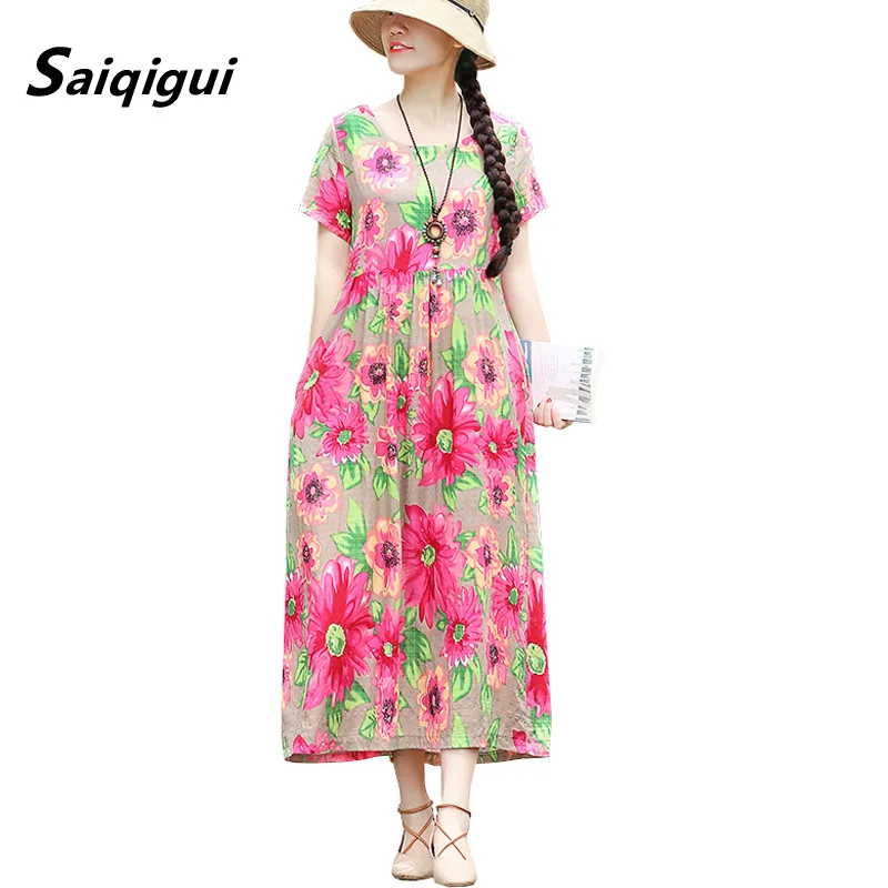 

Saiqigui 2019 spring summer dress large size Vintage women dress casual Loose A-Line elegant Print cotton Linen dress vestidos