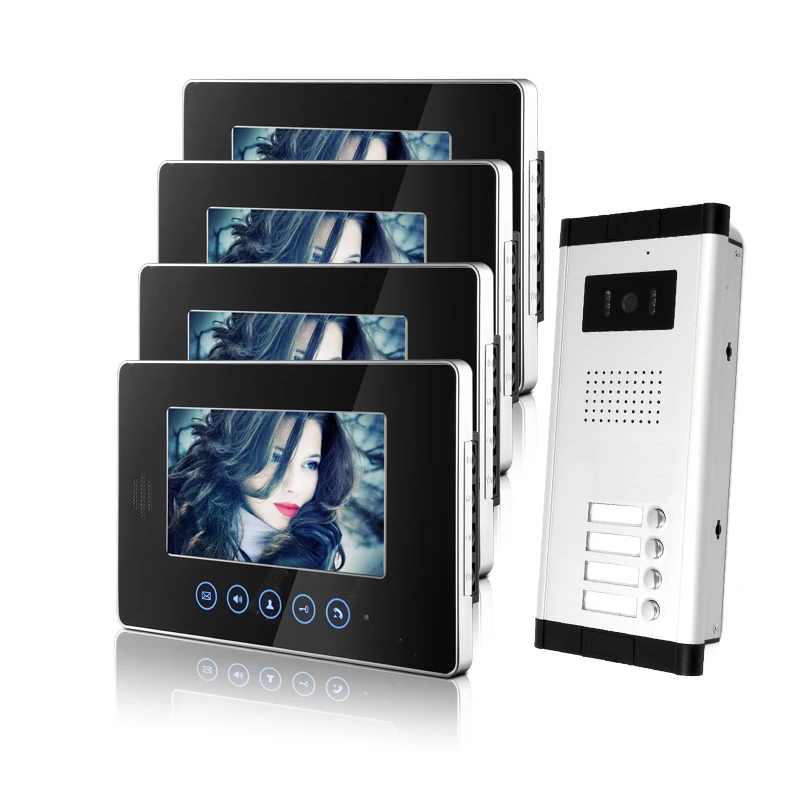 

FREE SHIPPING Touchkey 7" Video Intercom Apartment HD Door Phone System 4 Monitor 1 Doorbell Camera 4 Buttons In Stock Wholesale