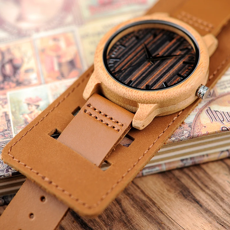 BOBO BIRD V-H08 Bamboo Wooden Watches Mens Quartz Outdoor Sport Watches Clock With Leather Strap Relojes Hombre