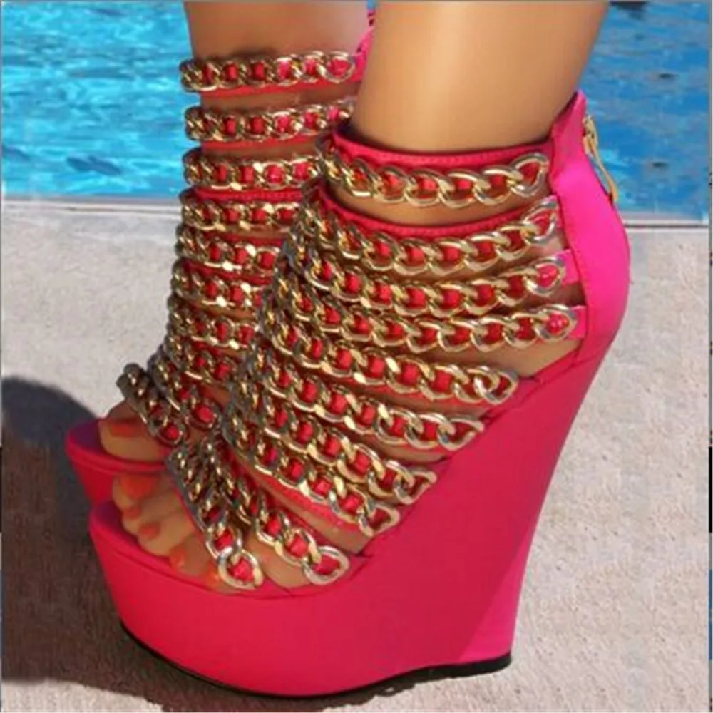 

Free Post 2016 new fashion pink leather, gold chain decoration, zippers, 15 cm high-heeled shoes. Size: 35-43