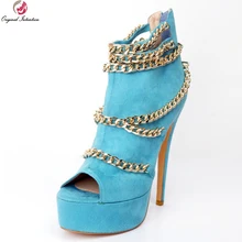 Оригинальное предназначение; новые модные женские ботильоны; ботинки на тонком каблуке с открытым носком и цепочкой; Высококачественная обувь синего цвета; женская обувь; большие размеры США 4-15