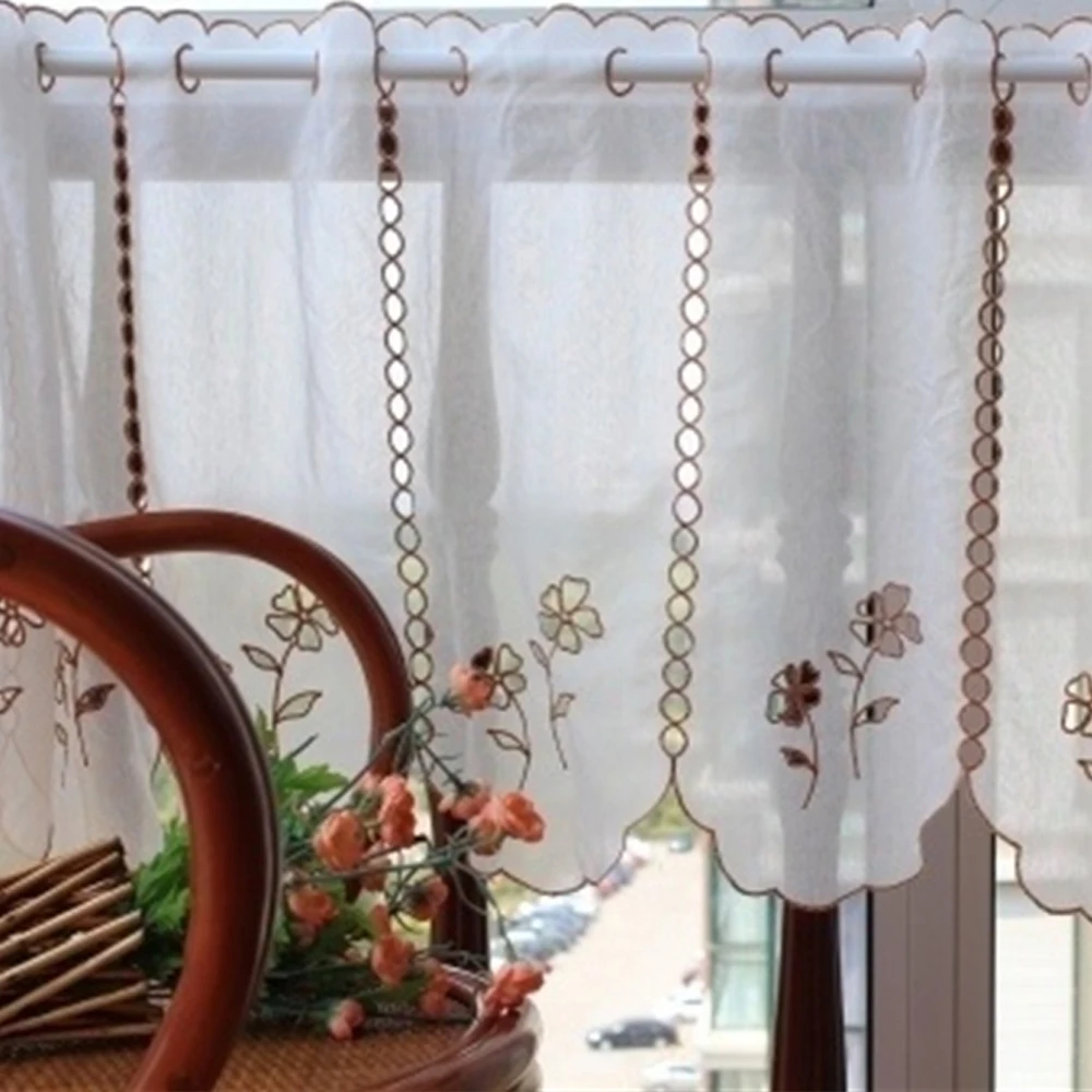 

1 PC Brown Cotton Yarn Coffee Curtain Embroidery Hollow Flower Small Half Curtains For Kitchen Home