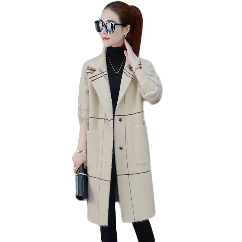 Новинка, корейский стиль, весна-осень, женский свитер с имитацией меха, длинный рукав, женский кардиган в клетку, длинный отложной воротник, Свободный кардиган A59