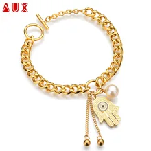 Auxauxme Мода Нержавеющая сталь рука Фатимы "жемчужина, кулон, браслет Хамса очаровательный браслет для Для женщин подарок на день рождения религиозное Ювелирное Украшение