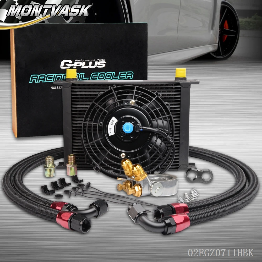 28 ROW 10 AN Thermostat Adaptor Engine Oil Cooler Kit + 7" 12V Electric Fanin Oil Coolers from