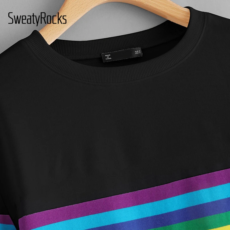 SweatyRocks الأسود النشطة قوس قزح شريط البلوز طويلة الأكمام البلوفرات البلوز النساء 2018 الخريف الأساسية الترفيه صداري