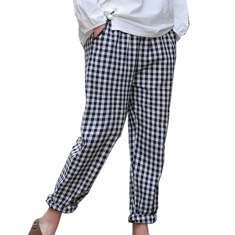 

Pantalon Femme Black White Grid 100% Cotton Pants Trousers Women Elastic Waist Full Length Loose Casual Plaid Pants With Pockets