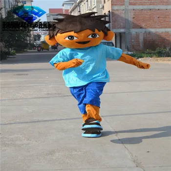 

Adult cute cartoon adventure boy mascot dressed in blue dress dress party size