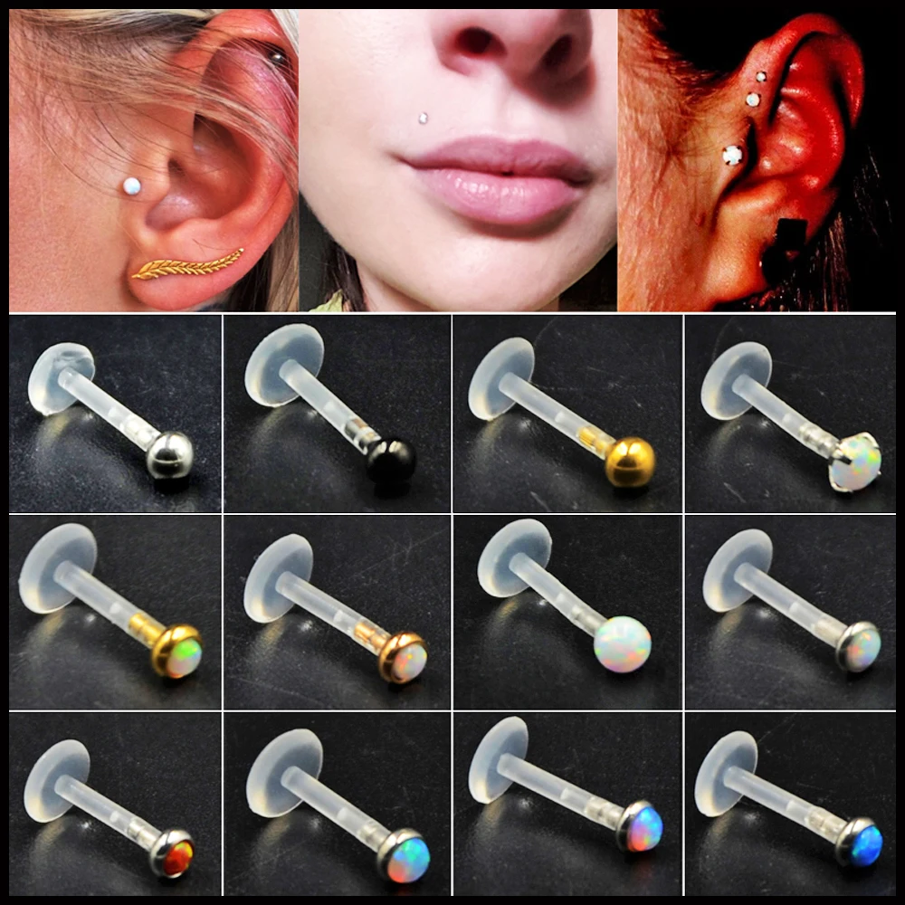 

1Pc Bioplast Flexible Labret Lip Bar Ring Earring Push Fit Opal/Ball Top 16g Ear Cartilage Hot Sale Piercing Body Jewelry