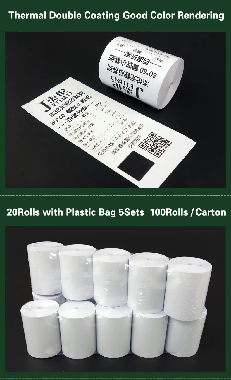 2 Rolls per Lot) Jetland Thermal Paper 80*60mm, no core, 55gsm, Cash Register Receipt Paper Roll 3 1/8" x 165', BPA free