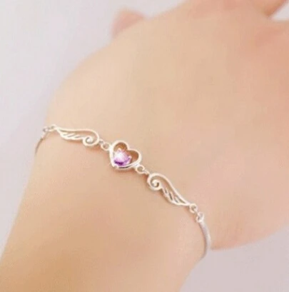 925 sterling silver heart angel wing bracelet with purple white crystal hand chain bangle