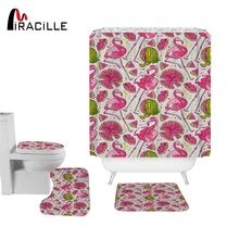 Miracille Bathroom Sets with Curtain Flamnigo Printed Waterproof Shower Curtains With 12 Hooks 3pcs Anti Slip Toilet Mat Cover 