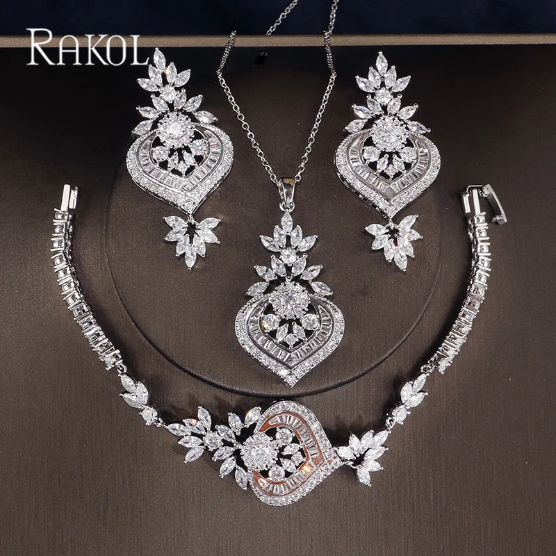 RAKOL эксклюзивный Дубай белый цвет ювелирные изделия роскошный кубический цирконий ожерелье серьги браслет вечерние набор украшений для женщин