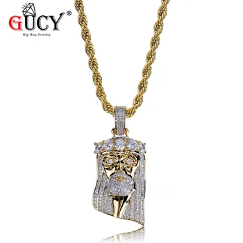 

GUCY Hip Hop Crown Jesus Pendant Necklace Gold Color Plated All Iced Out Micro Pave CZ Stones Masked Jesus Face Pendants For Men